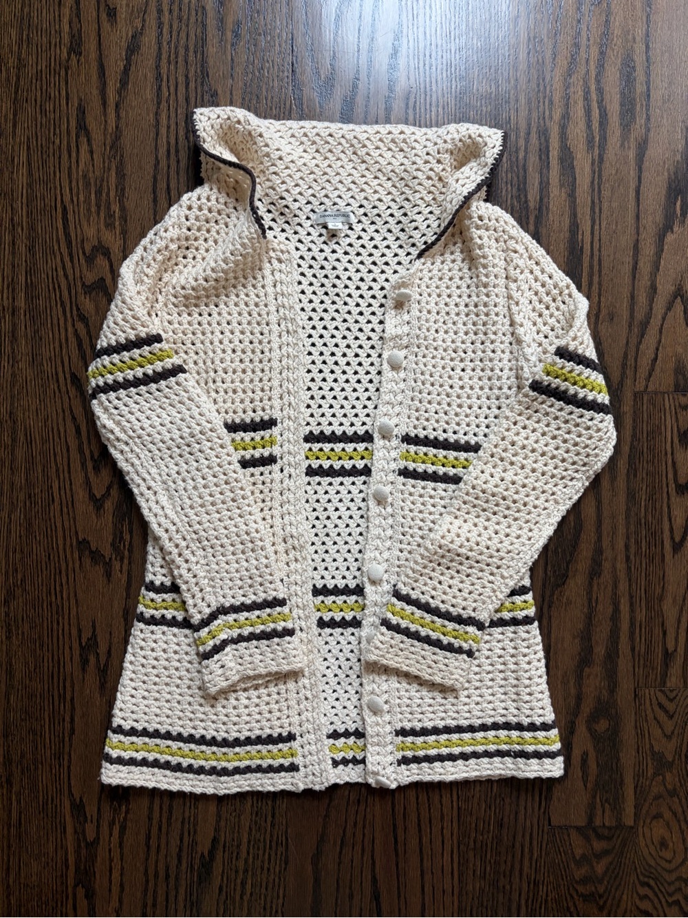 Banana Republic Cream Crochet Cardigan with Black and Yellow Stripes